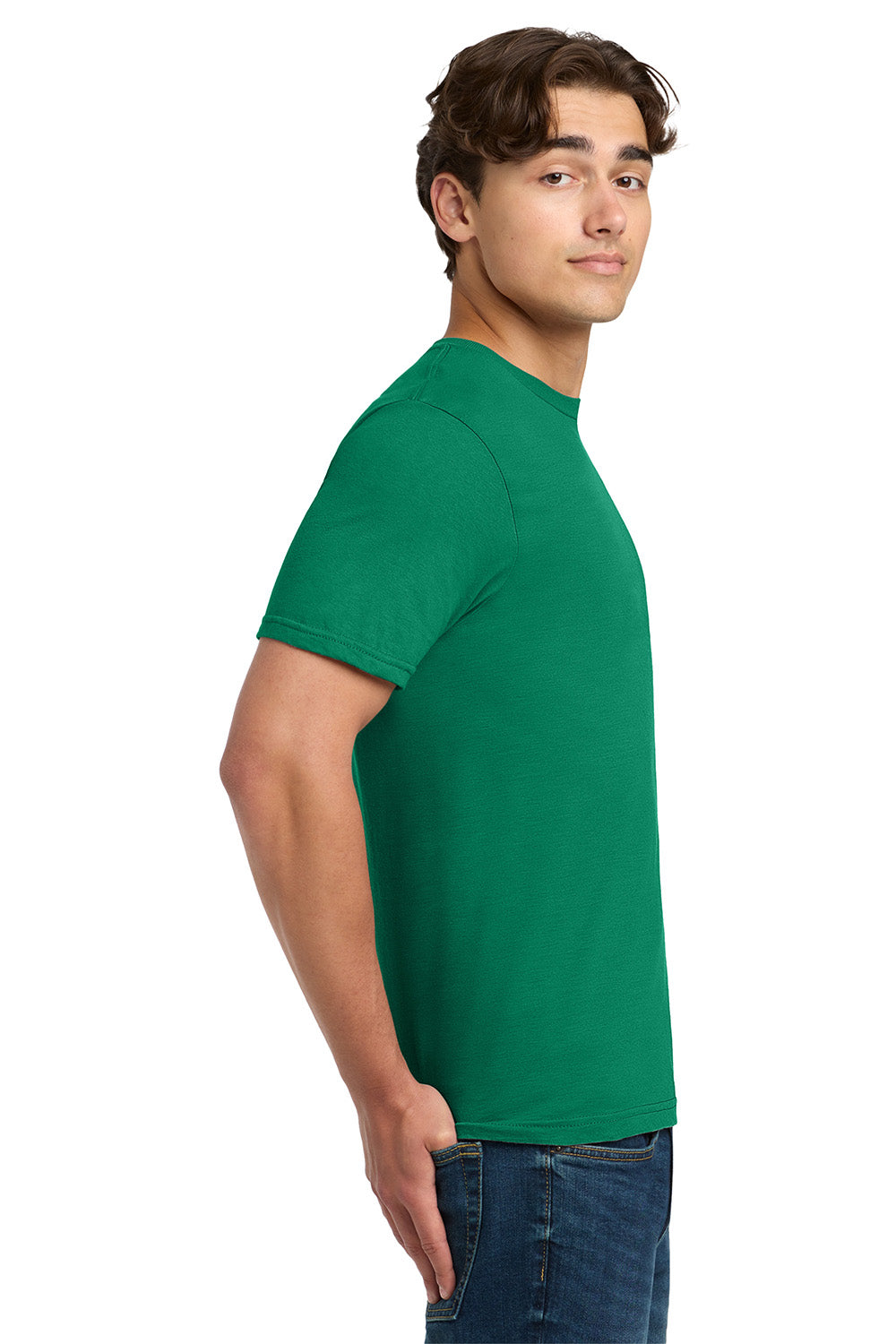 Gildan 64000/G640 Mens Softstyle Short Sleeve Crewneck T-Shirt Kelly Green Model Side