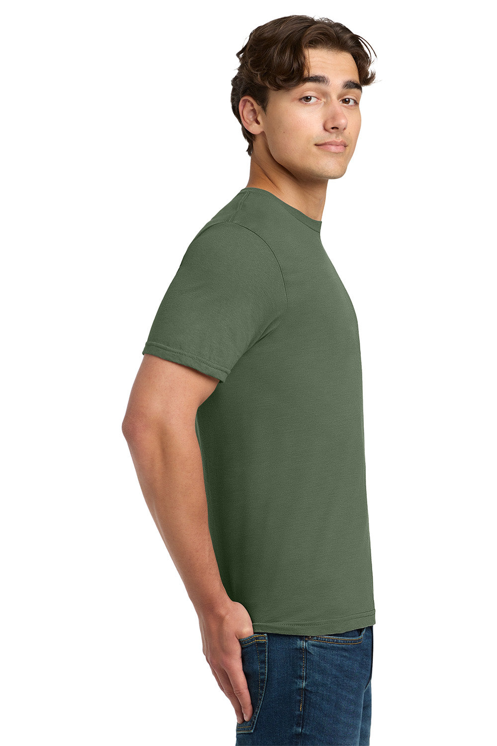 Gildan 64000/G640 Mens Softstyle Short Sleeve Crewneck T-Shirt Military Green Model Side