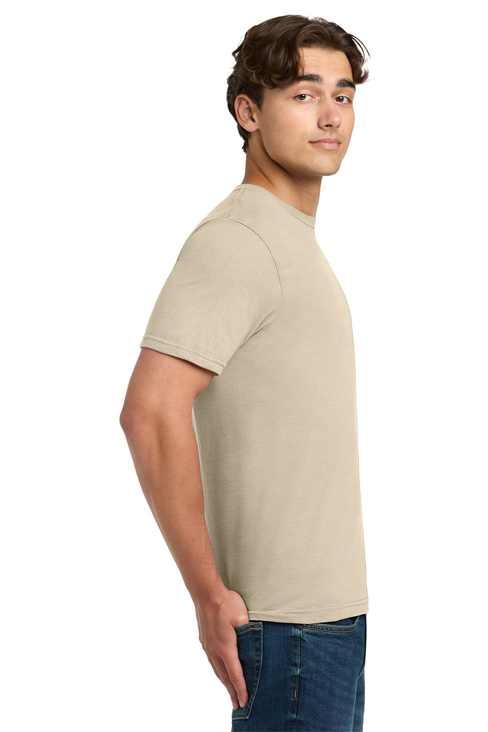 Gildan 64000/G640 Mens Softstyle Short Sleeve Crewneck T-Shirt Sand Model Side