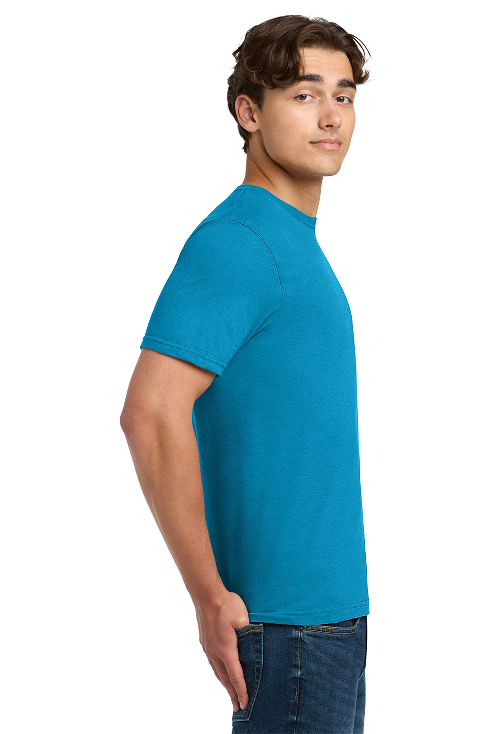 Gildan 64000/G640 Mens Softstyle Short Sleeve Crewneck T-Shirt Sapphire Blue Model Side