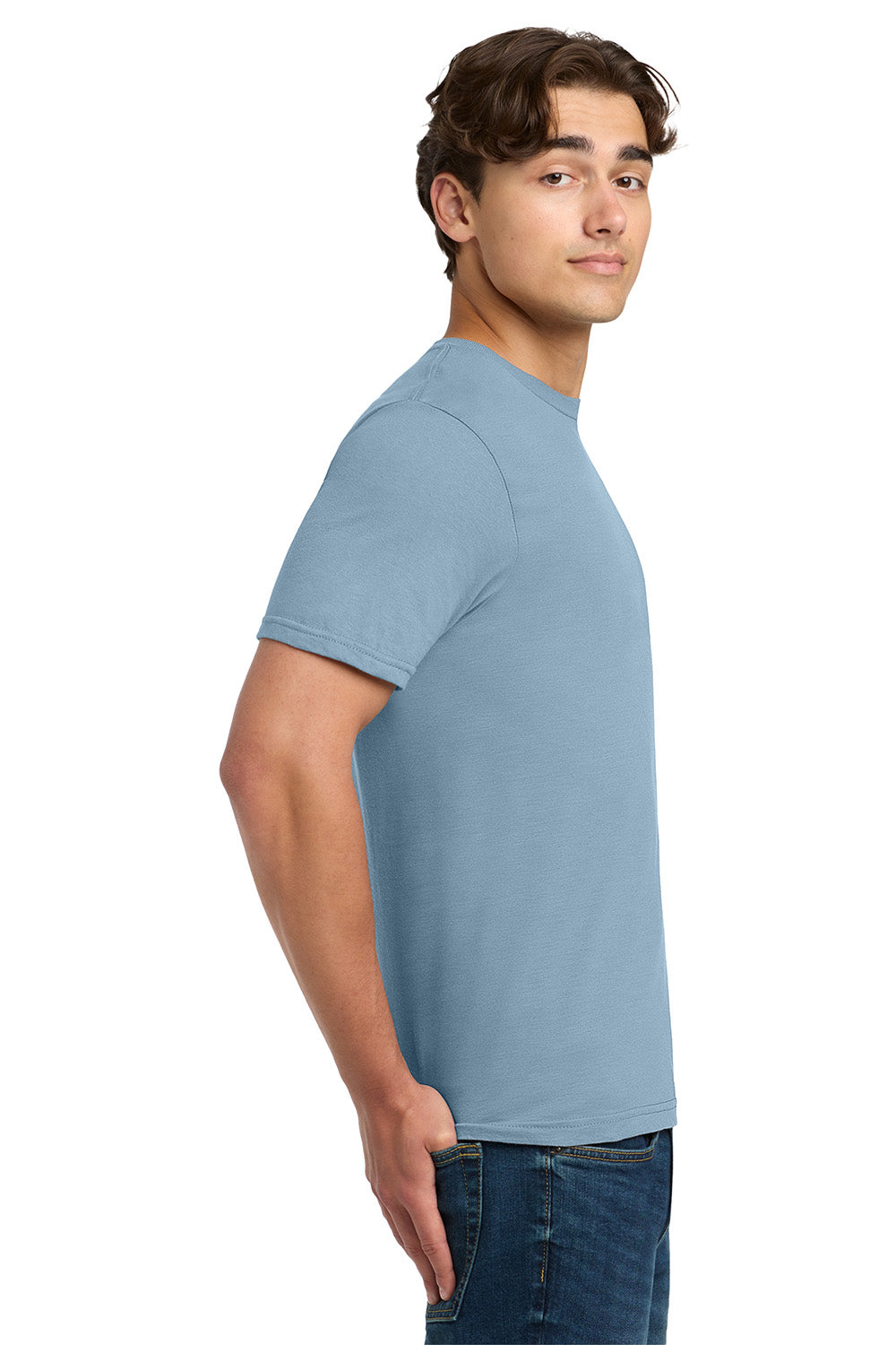 Gildan 64000/G640 Mens Softstyle Short Sleeve Crewneck T-Shirt Stone Blue Model Side