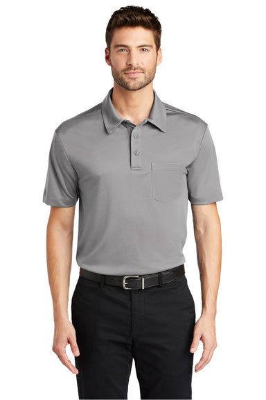 Port Authority K540P Mens Silk Touch Performance Moisture Wicking Short Sleeve Polo Shirt w/ Pocket Gusty Grey Model Front