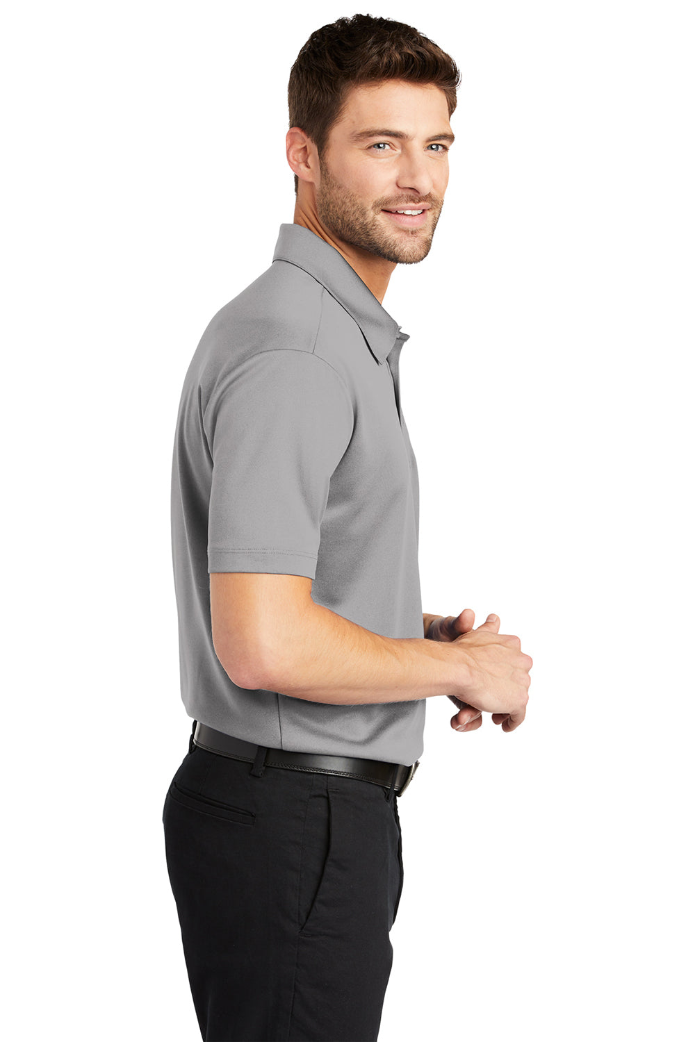 Port Authority K540P Mens Silk Touch Performance Moisture Wicking Short Sleeve Polo Shirt w/ Pocket Gusty Grey Model Side