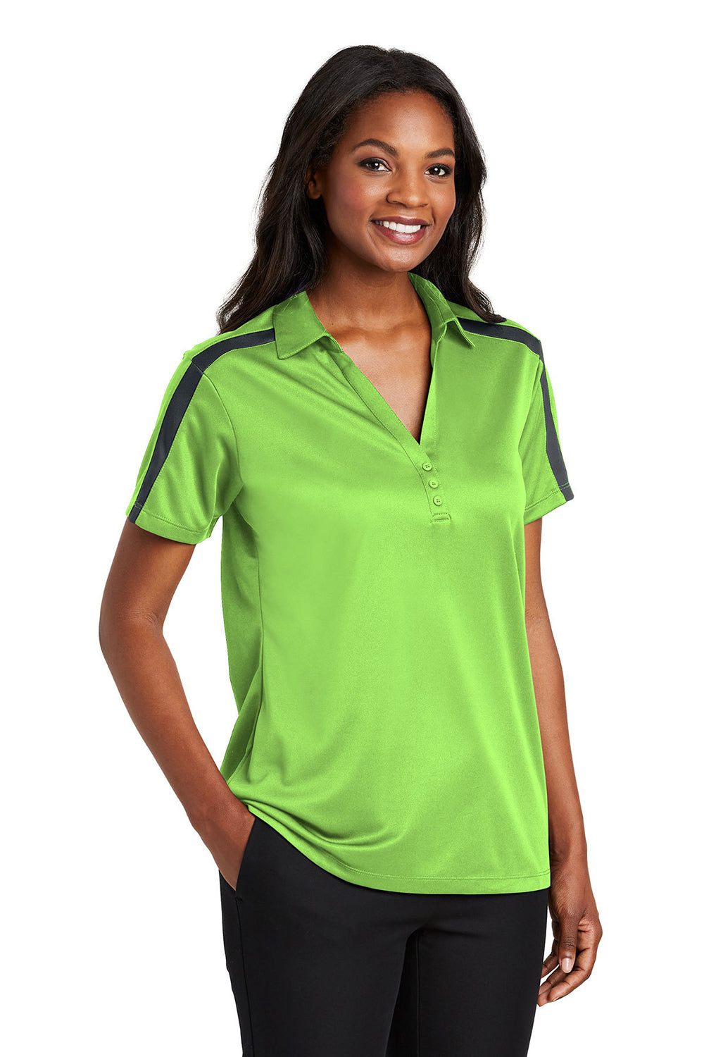 Port Authority L547 Womens Silk Touch Performance Moisture Wicking Short Sleeve Polo Shirt Lime Green/Steel Grey Model 3q