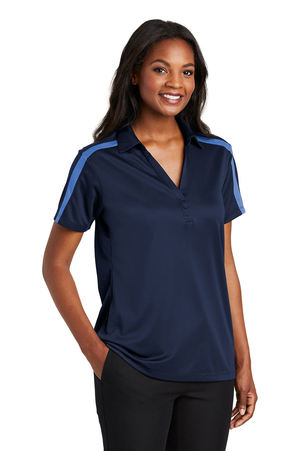 Port Authority L547 Womens Silk Touch Performance Moisture Wicking Short Sleeve Polo Shirt Navy Blue/Carolina Blue Model 3q