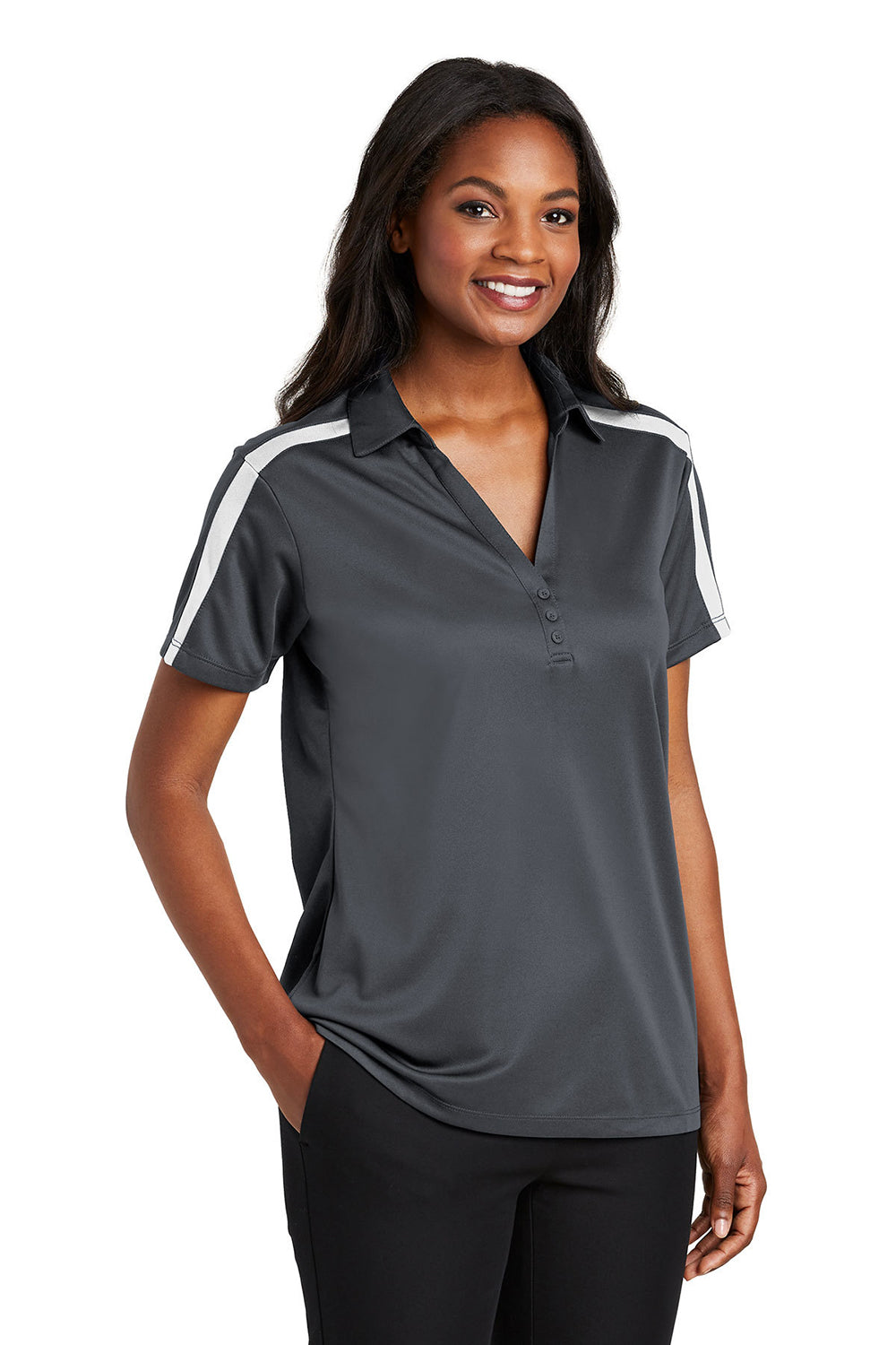 Port Authority L547 Womens Silk Touch Performance Moisture Wicking Short Sleeve Polo Shirt Steel Grey/White Model 3q