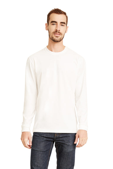 Next Level 6411 Mens Sueded Jersey Long Sleeve Crewneck T-Shirt White Model Front