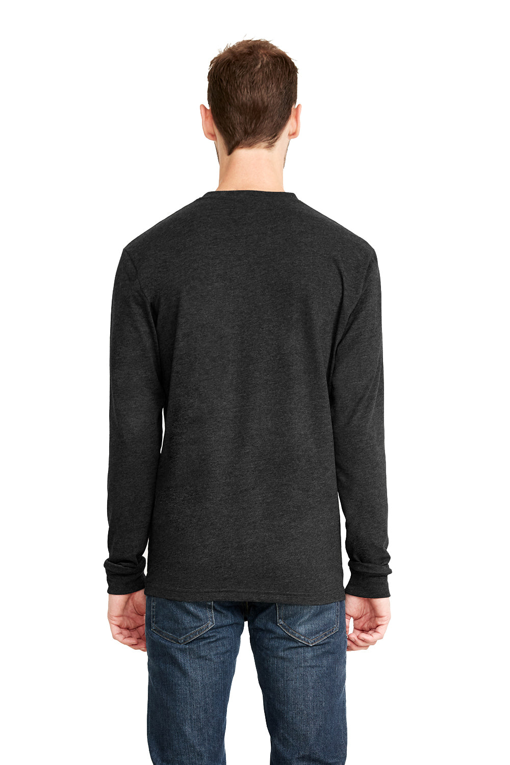 Next Level 6411 Mens Sueded Jersey Long Sleeve Crewneck T-Shirt Heather Charcoal Grey Model Back