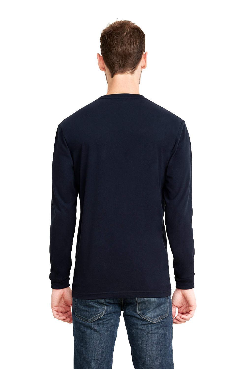 Next Level 6411 Mens Sueded Jersey Long Sleeve Crewneck T-Shirt Midnight Navy Blue Model Back