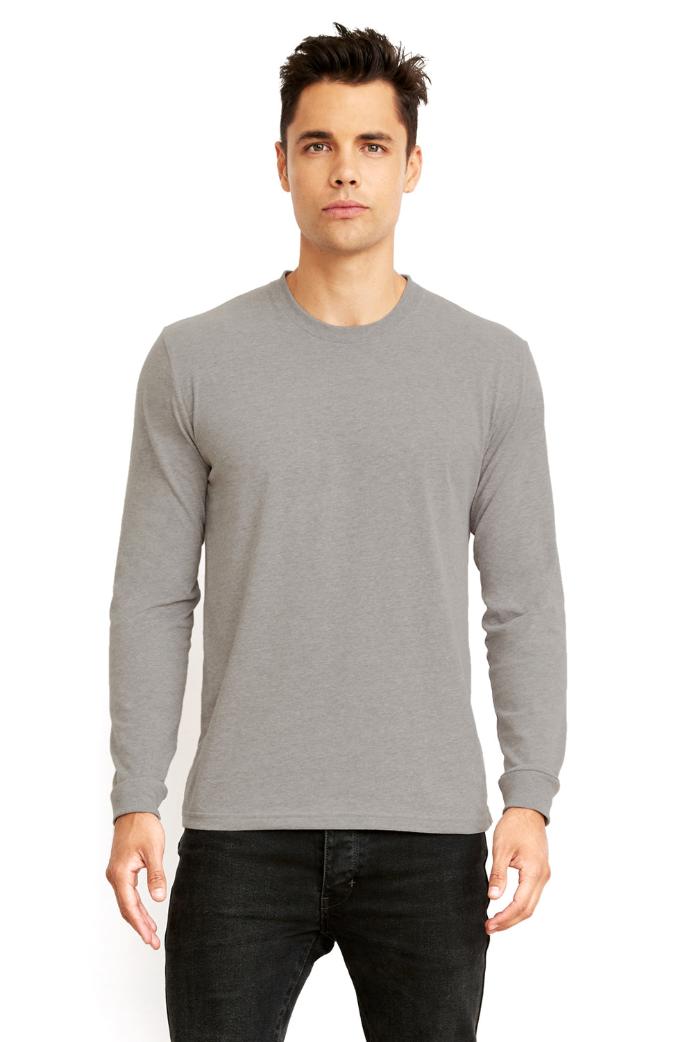 Next Level 6411 Mens Sueded Jersey Long Sleeve Crewneck T-Shirt Heather Dark Grey Model Front