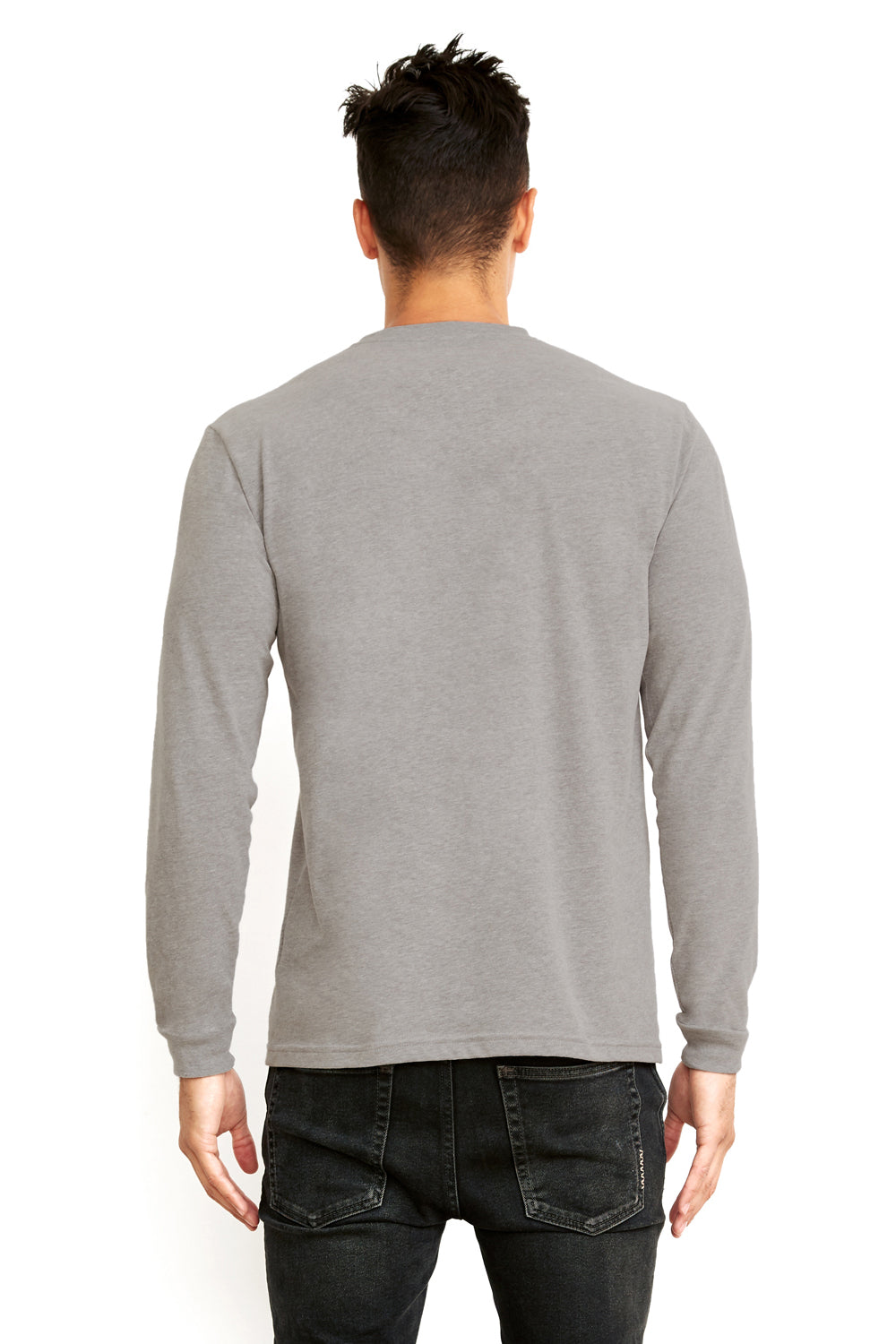 Next Level 6411 Mens Sueded Jersey Long Sleeve Crewneck T-Shirt Heather Dark Grey Model Back