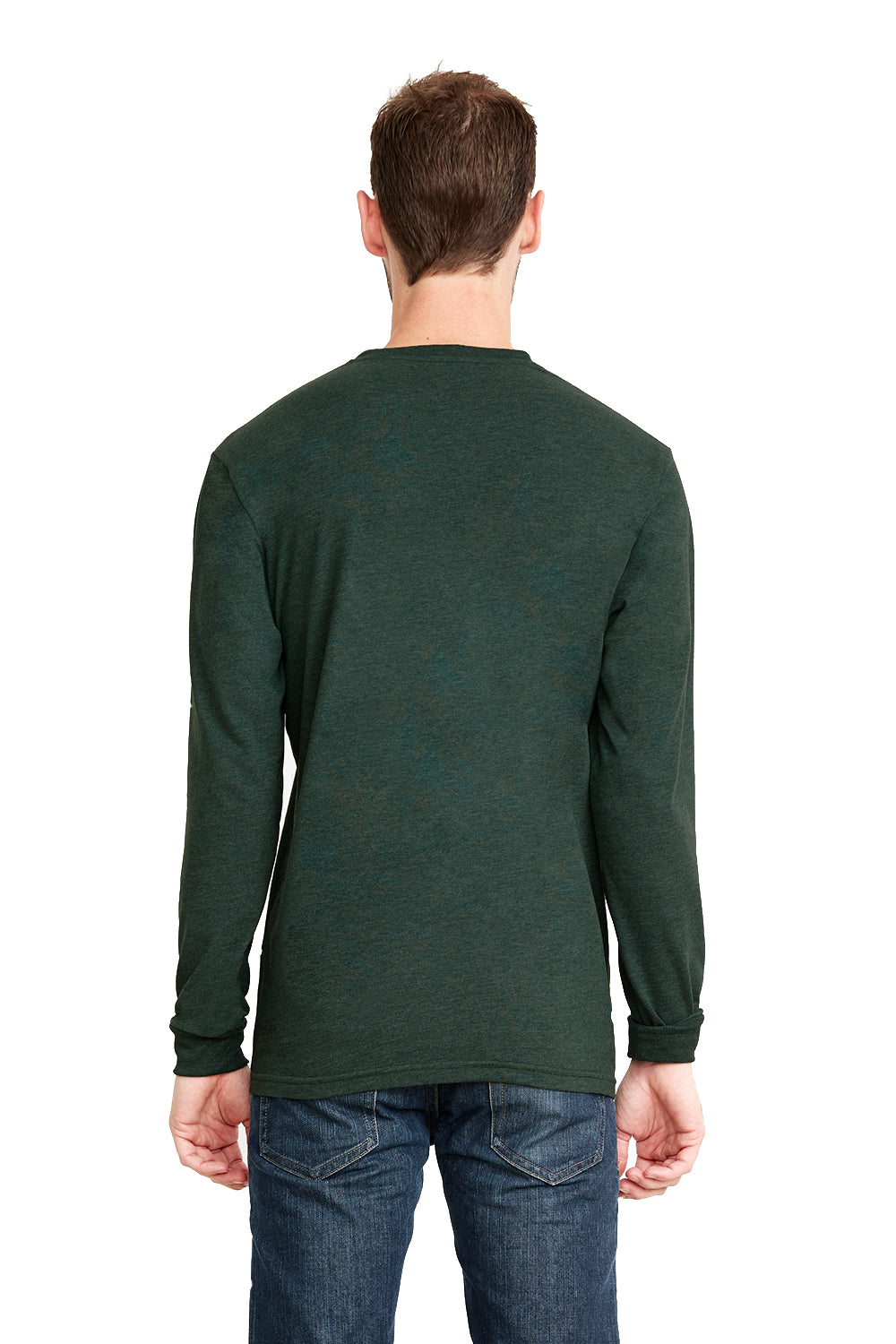 Next Level 6411 Mens Sueded Jersey Long Sleeve Crewneck T-Shirt Heather Forest Green Model Back