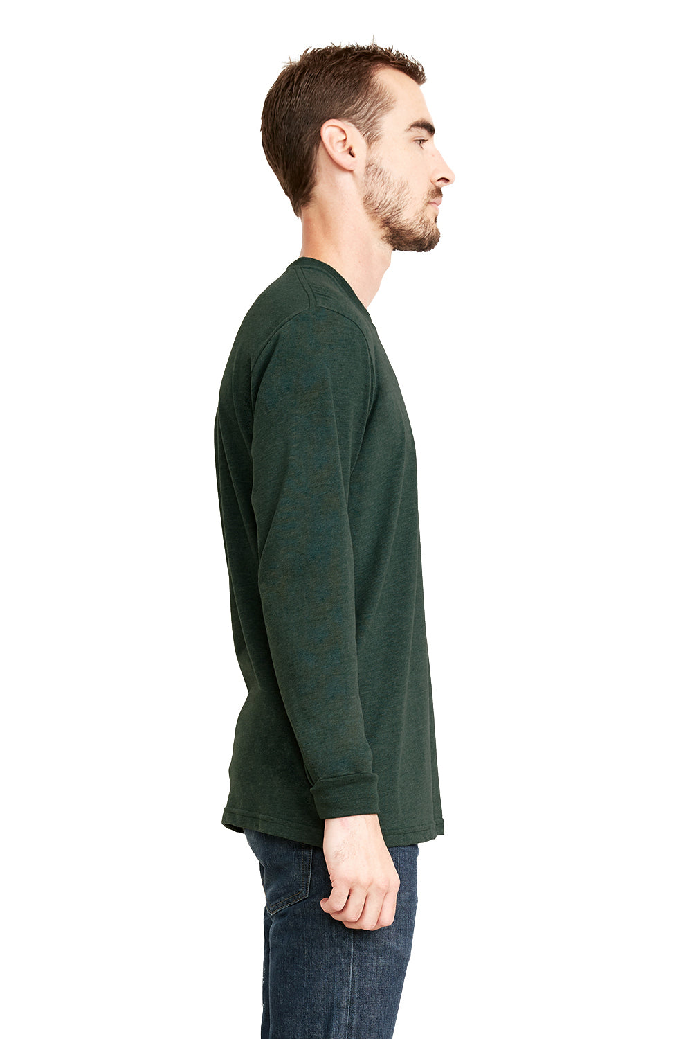 Next Level 6411 Mens Sueded Jersey Long Sleeve Crewneck T-Shirt Heather Forest Green Model Side