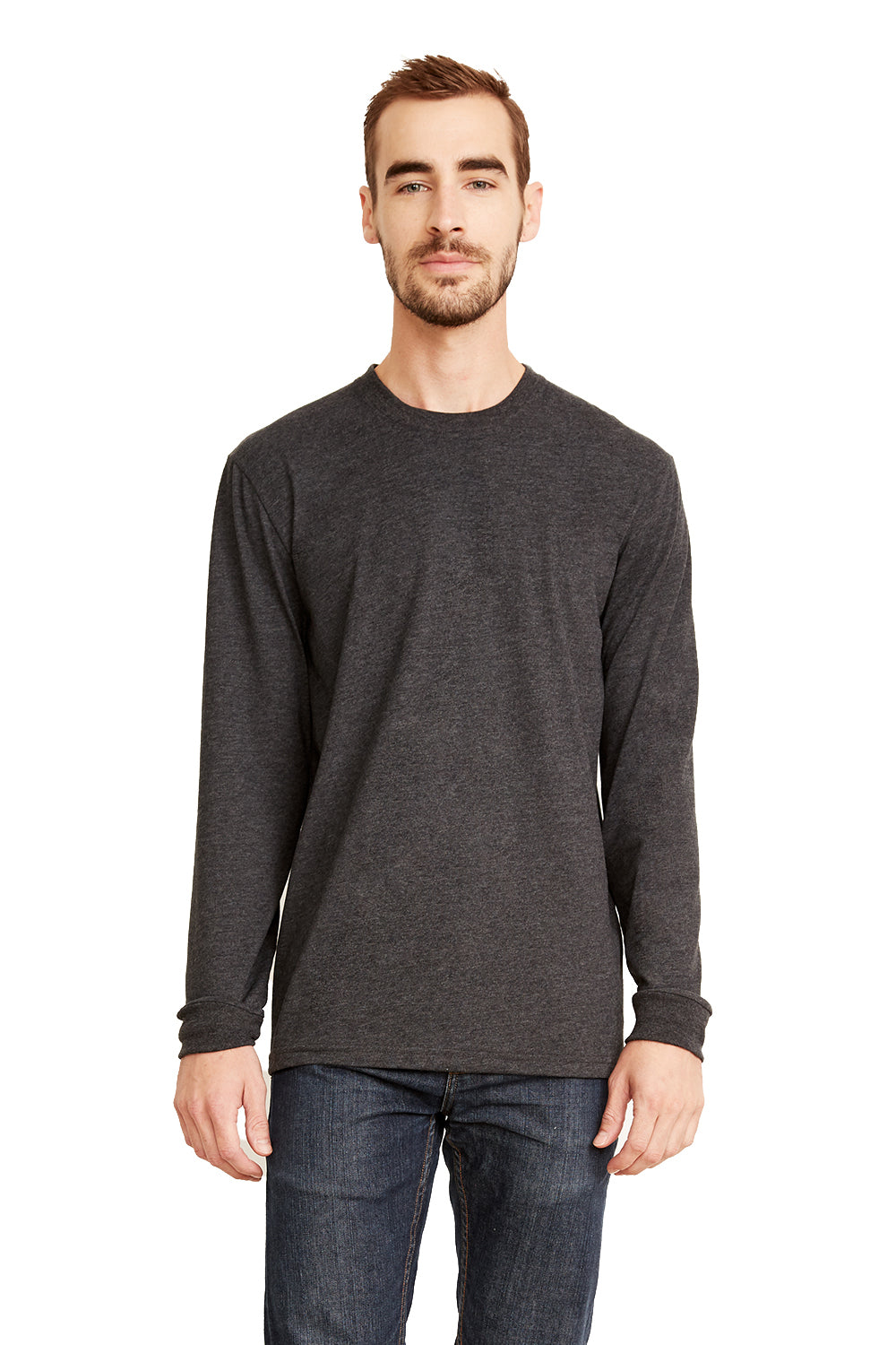 Next Level 6411 Mens Sueded Jersey Long Sleeve Crewneck T-Shirt Heather Metal Grey Model Front