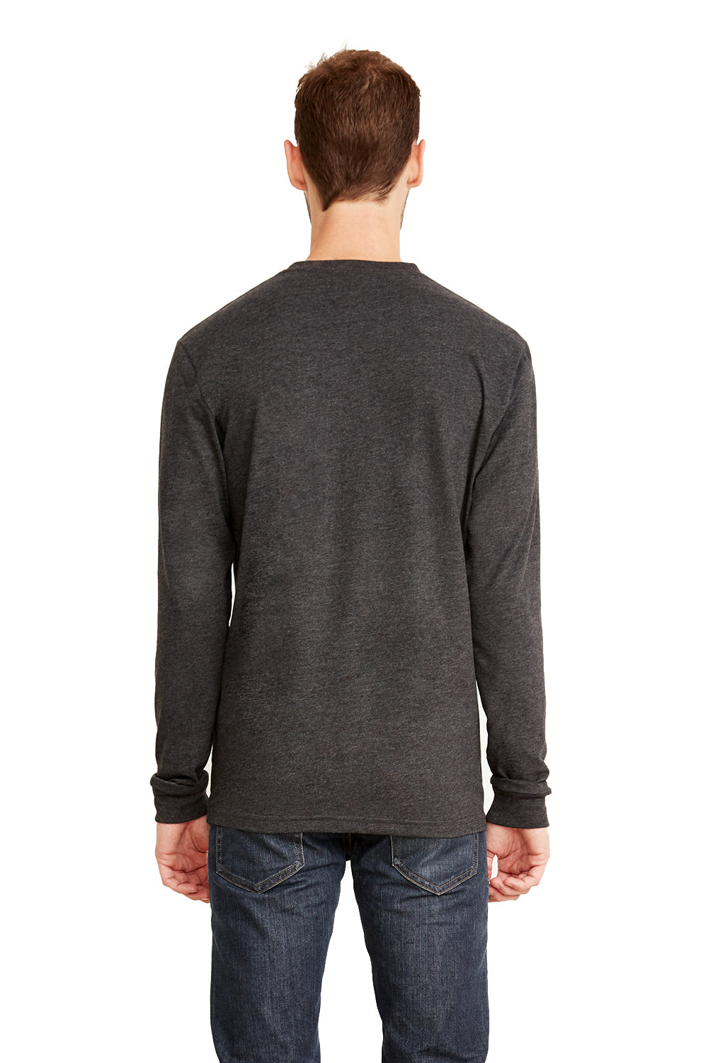 Next Level 6411 Mens Sueded Jersey Long Sleeve Crewneck T-Shirt Heather Metal Grey Model Back