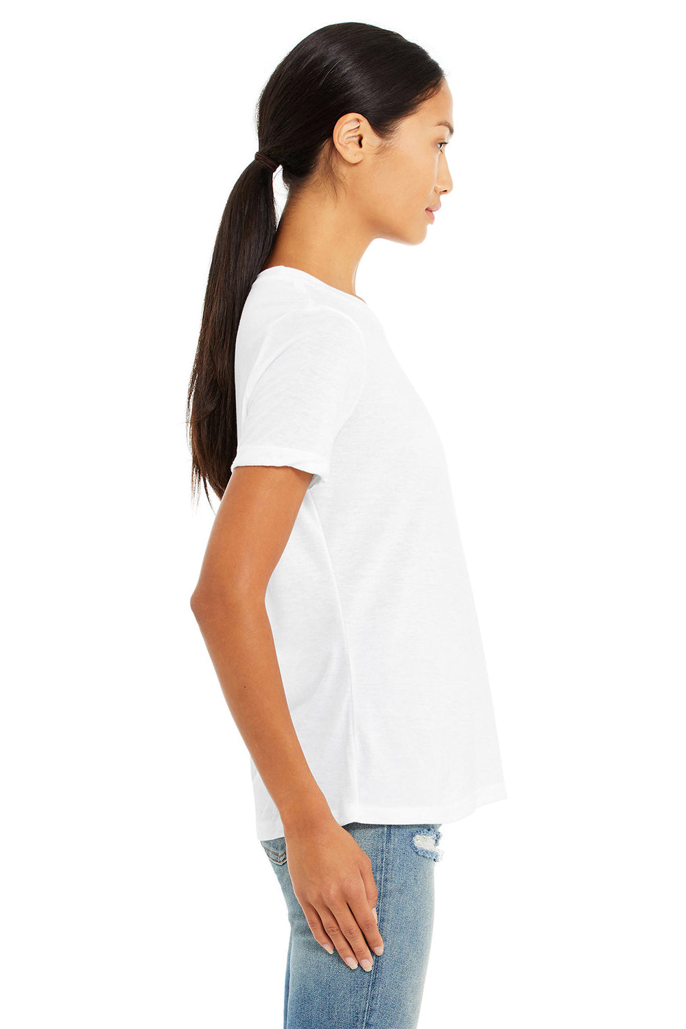 Bella + Canvas BC6413 Womens Short Sleeve Crewneck T-Shirt Solid White Model Side