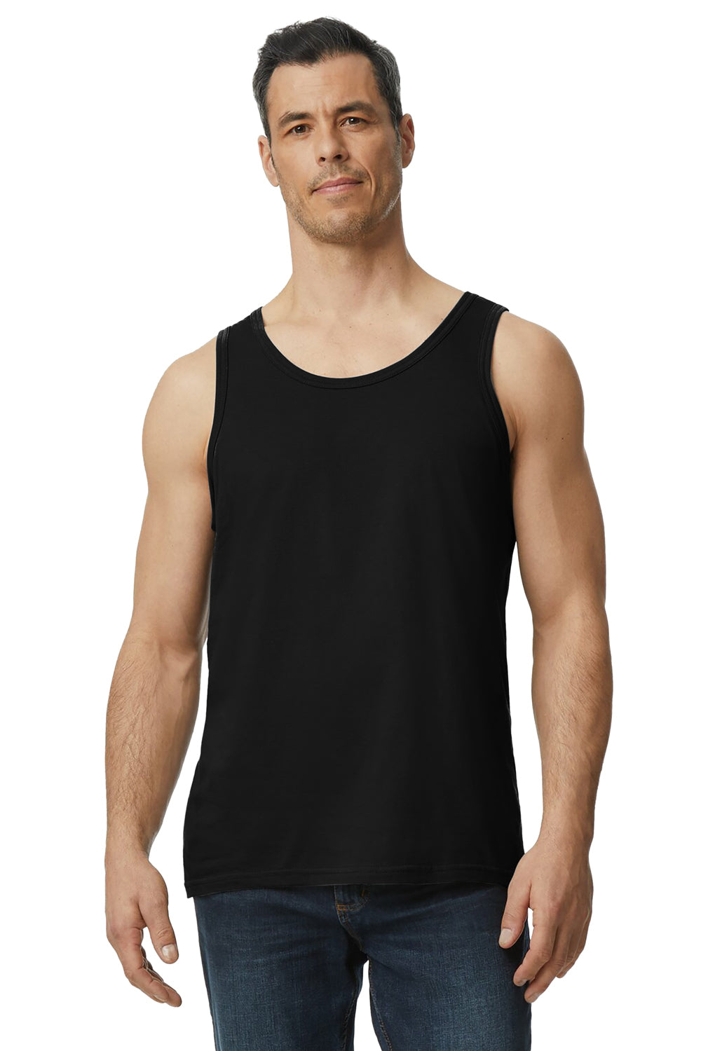 Gildan 64200 Mens Softstyle Tank Top Black Model Front