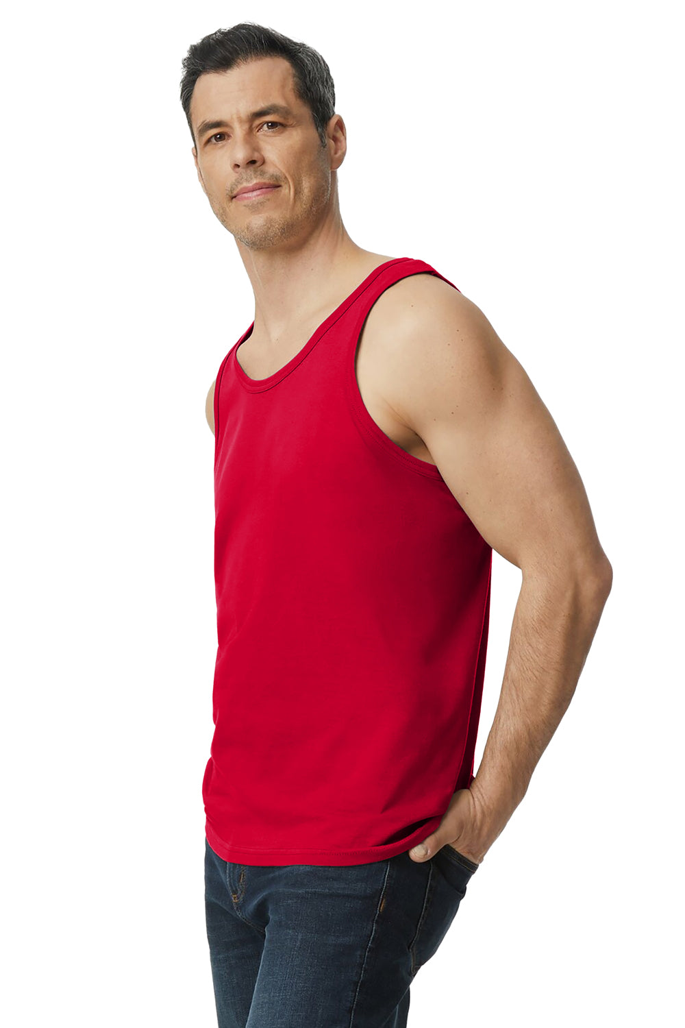 Gildan 64200 Mens Softstyle Tank Top Red Model Side