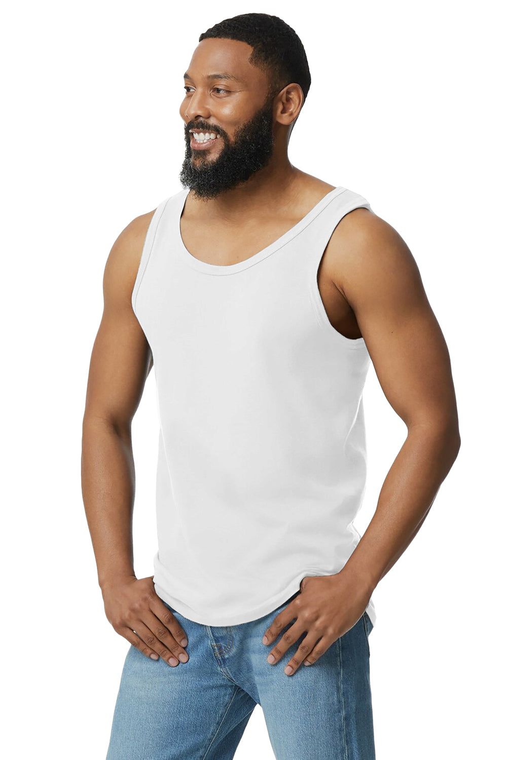 Gildan 64200 Mens Softstyle Tank Top White Model Side