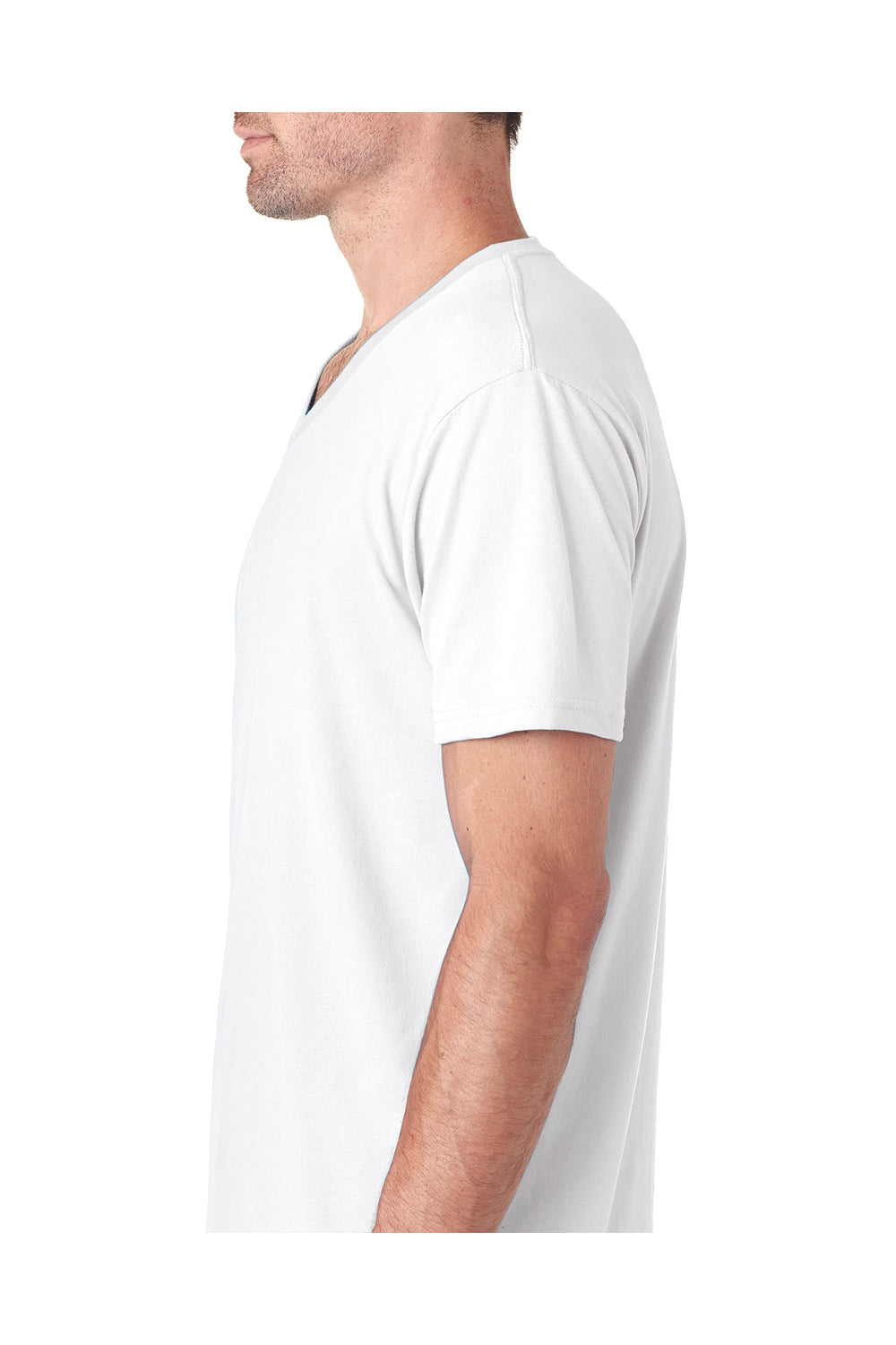 Next Level 6440 Mens Sueded Jersey Short Sleeve V-Neck T-Shirt White Model Side