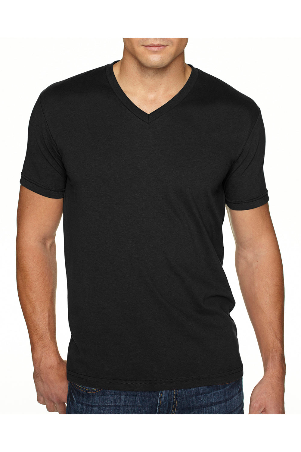 Next Level 6440 Mens Sueded Jersey Short Sleeve V-Neck T-Shirt Black Model Front