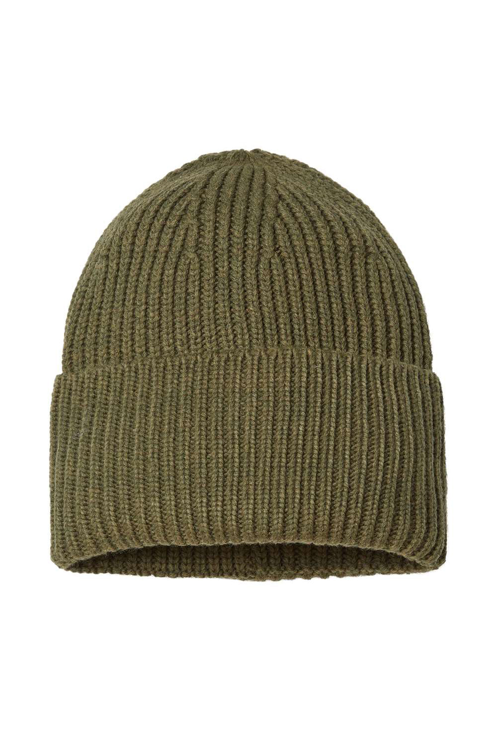 Atlantis Headwear OAK Mens Sustainable Chunky Rib Cuffed Beanie Olive Green Flat Front