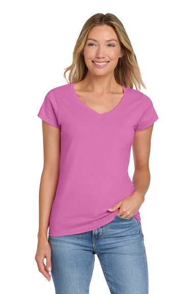 Gildan 64V00L/G64VL Womens Softstyle Short Sleeve V-Neck T-Shirt Azalea Pink Model Front