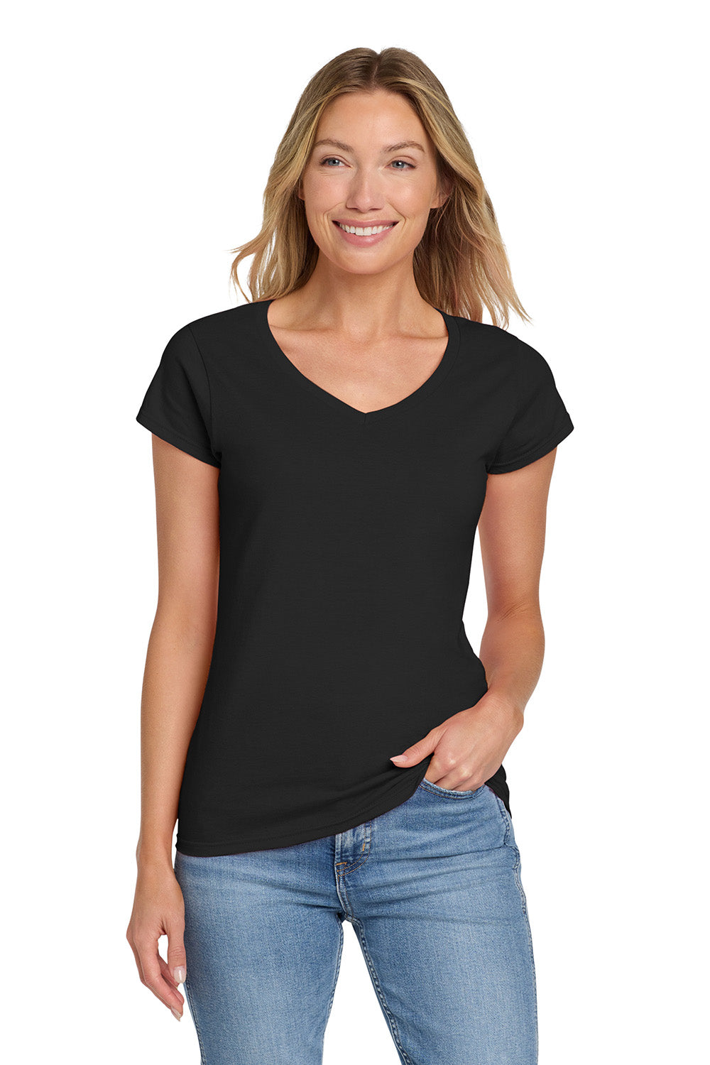 Gildan 64V00L/G64VL Womens Softstyle Short Sleeve V-Neck T-Shirt Black Model Front