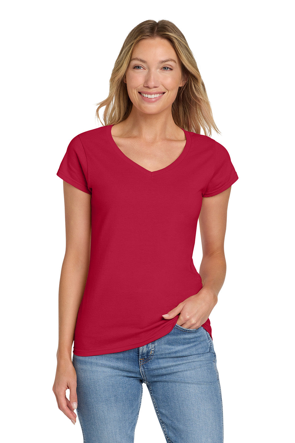 Gildan 64V00L/G64VL Womens Softstyle Short Sleeve V-Neck T-Shirt Cherry Red Model Front