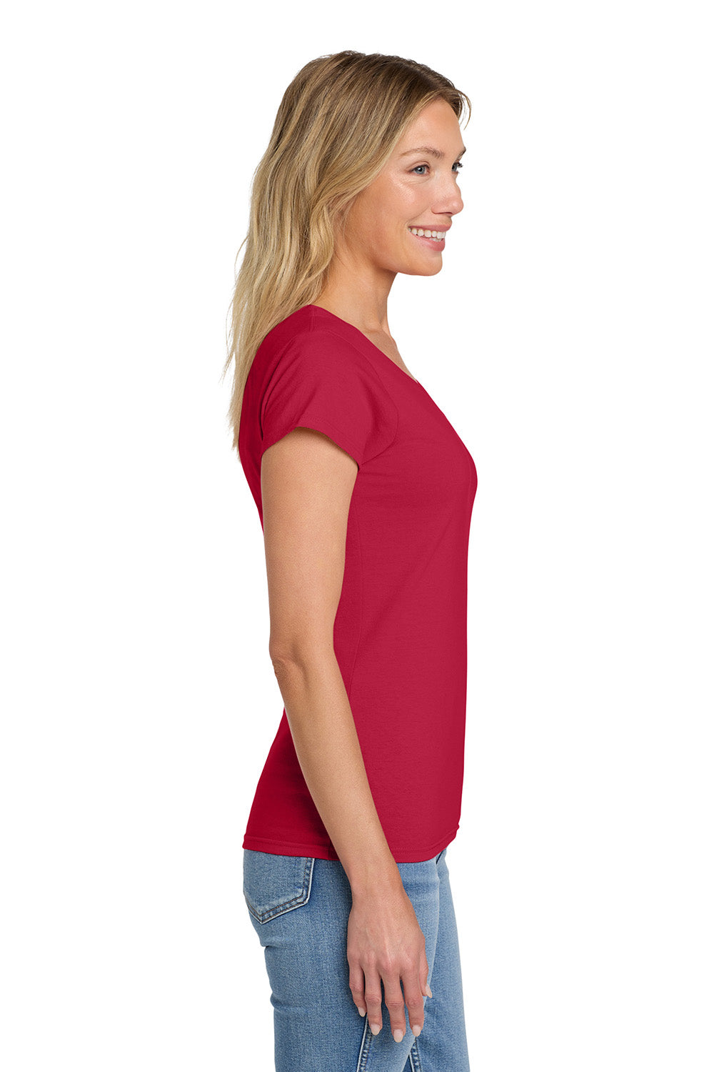 Gildan 64V00L/G64VL Womens Softstyle Short Sleeve V-Neck T-Shirt Cherry Red Model Side