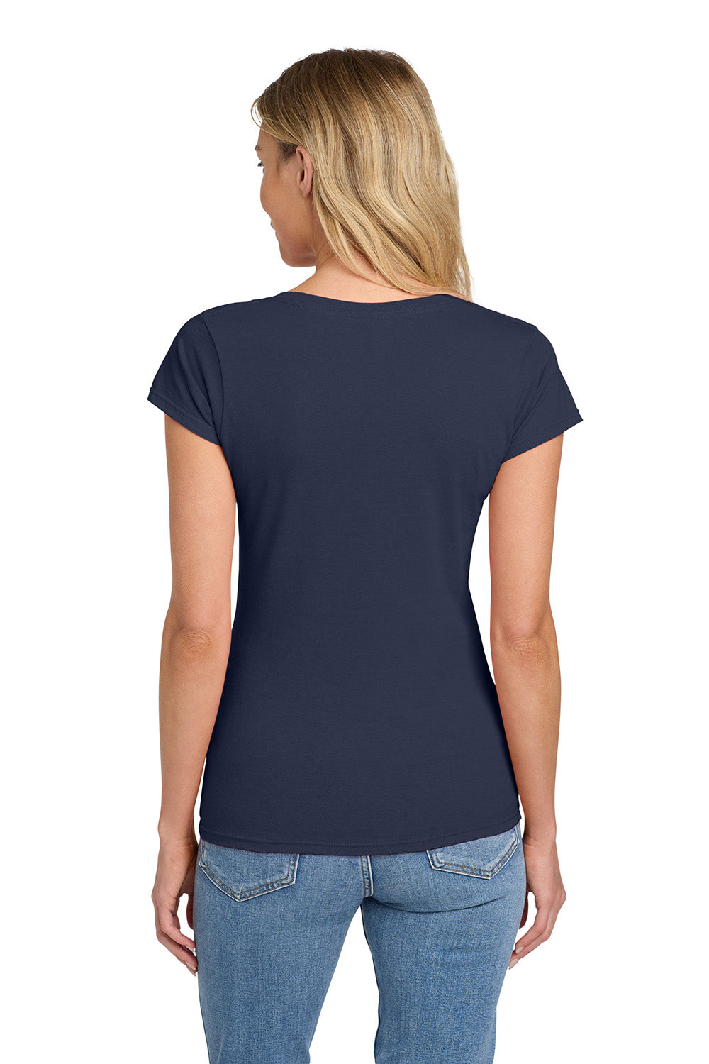 Gildan 64V00L/G64VL Womens Softstyle Short Sleeve V-Neck T-Shirt Navy Blue Model Back