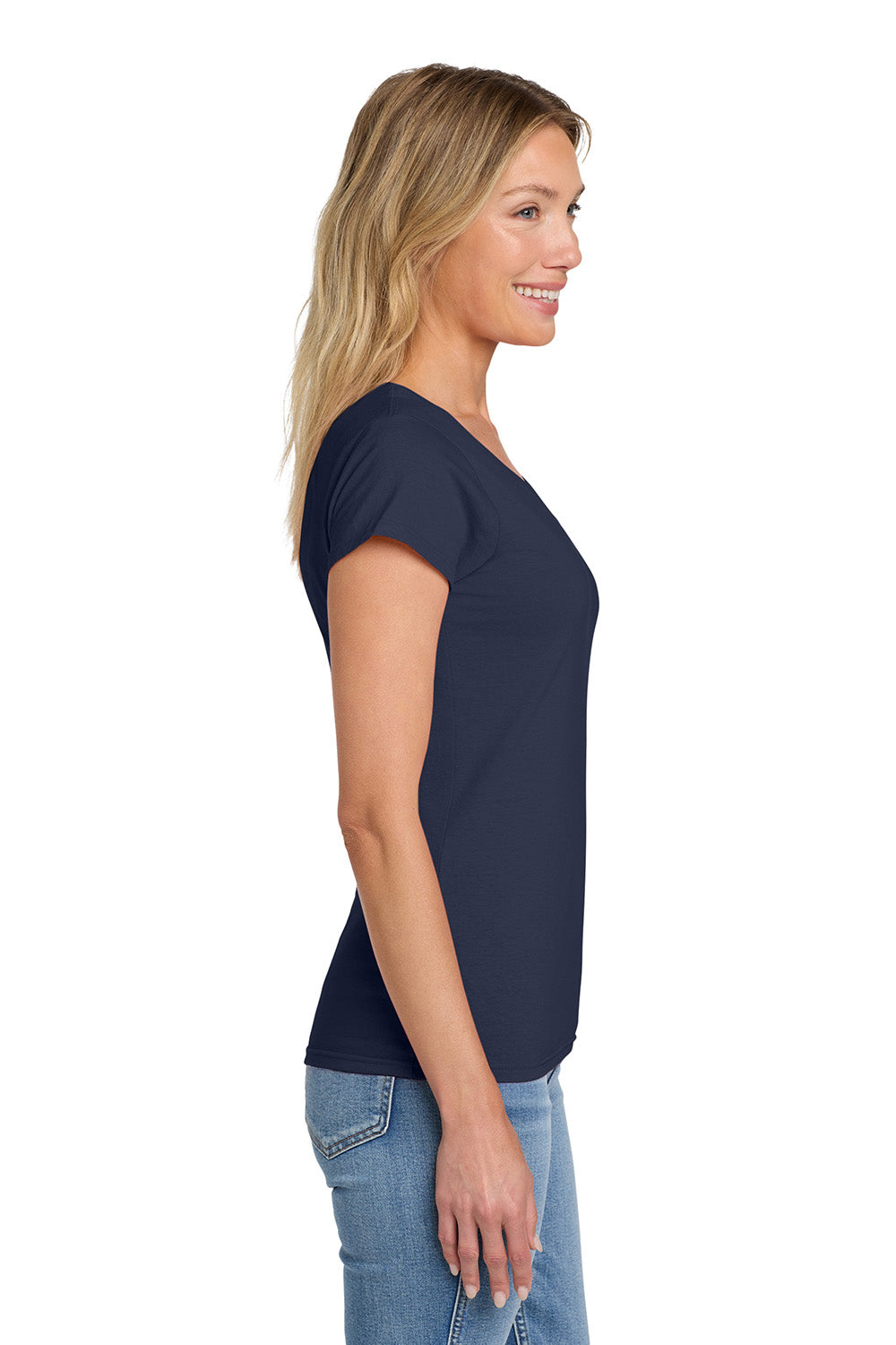 Gildan 64V00L/G64VL Womens Softstyle Short Sleeve V-Neck T-Shirt Navy Blue Model Side