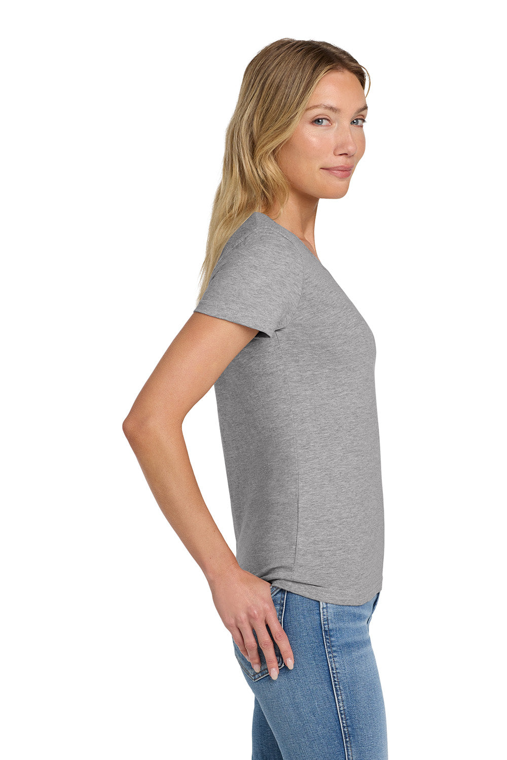 Gildan 64V00L/G64VL Womens Softstyle Short Sleeve V-Neck T-Shirt Sport Grey Model Side