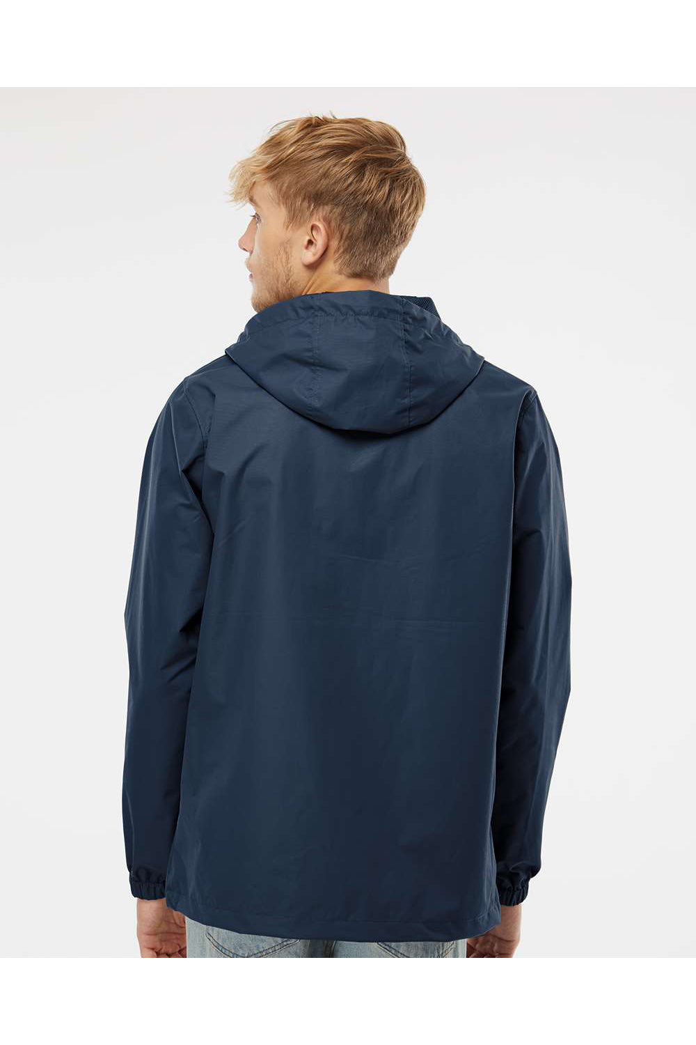 Independent Trading Co. EXP94NAW Mens Nylon Hooded Anorak Jacket Classic Navy Blue Model Back