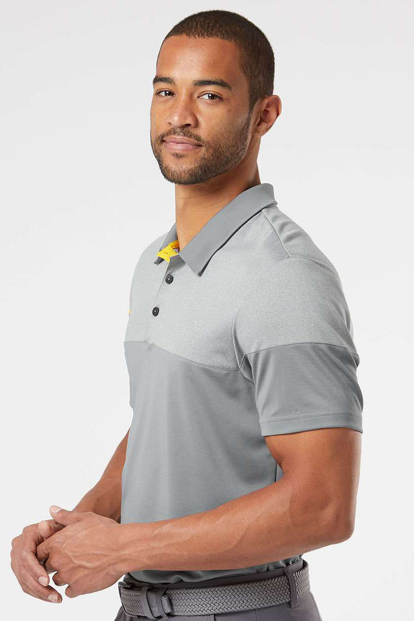 Adidas A213 Mens 3 Stripes Colorblock Moisture Wicking Short Sleeve Polo Shirt Vista Grey/Yellow Model Side
