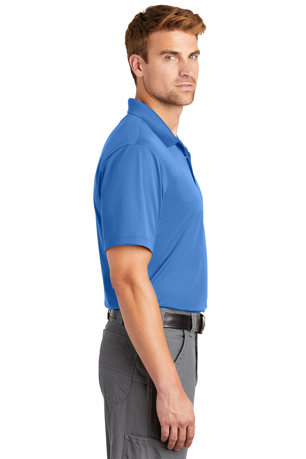 CornerStone CS421 Mens Gripper Moisture Wicking Short Sleeve Polo Shirt Lake Blue Model Side