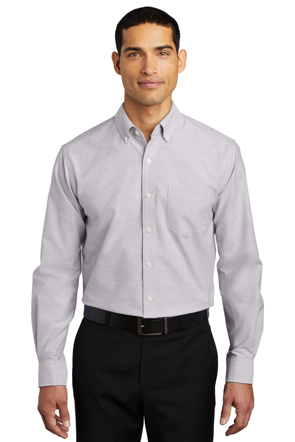 Port Authority S658/TS658 Mens SuperPro Oxford Wrinkle Resistant Long Sleeve Button Down Shirt w/ Pocket Gusty Grey Model Front