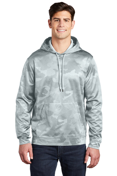 Sport-Tek ST240 Mens Sport-Wick CamoHex Moisture Wicking Fleece Hooded Sweatshirt Hoodie White Model Front