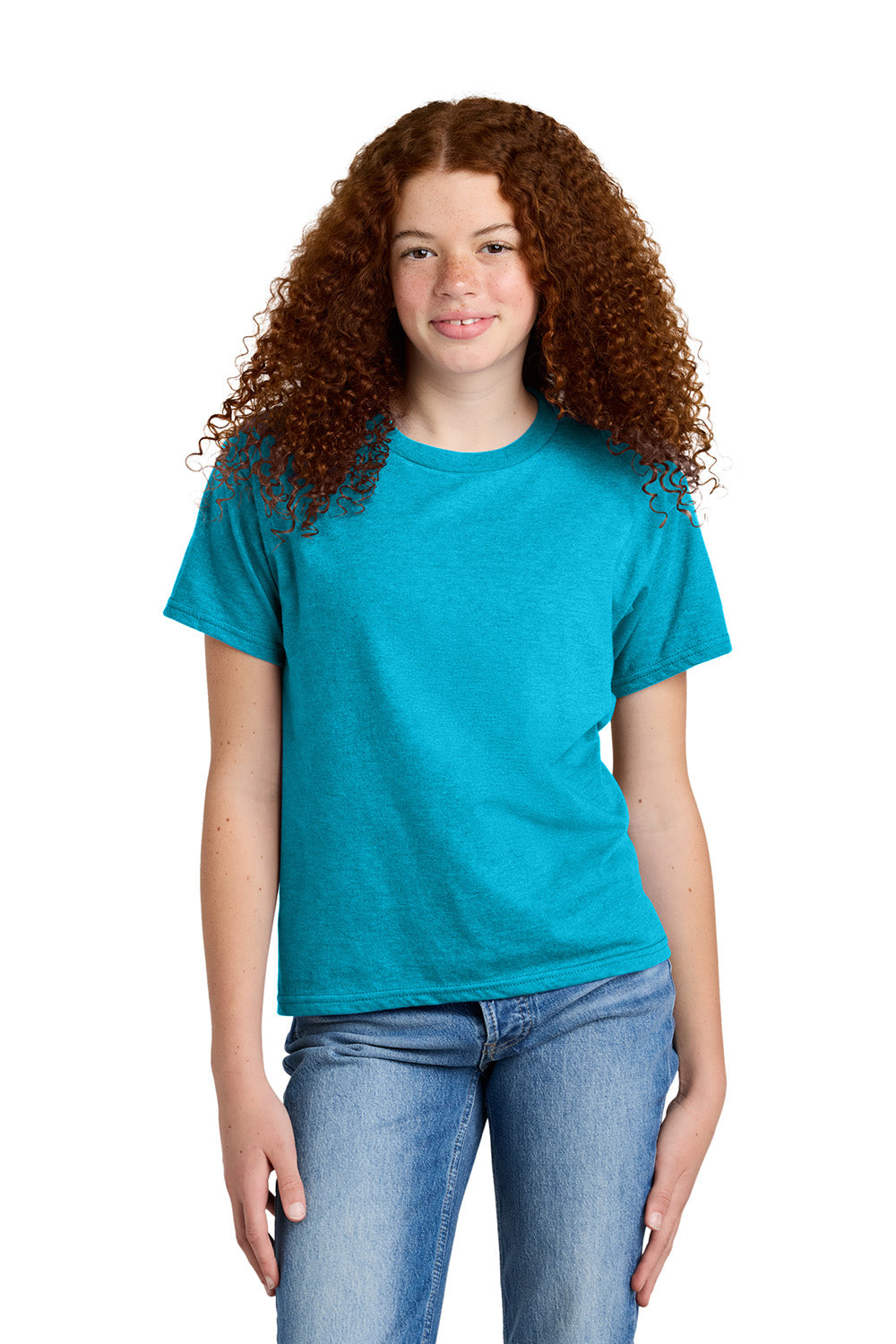 Gildan 67000B Youth Softstyle CVC Short Sleeve Crewneck T-Shirt Caribbean Blue Mist Model Front