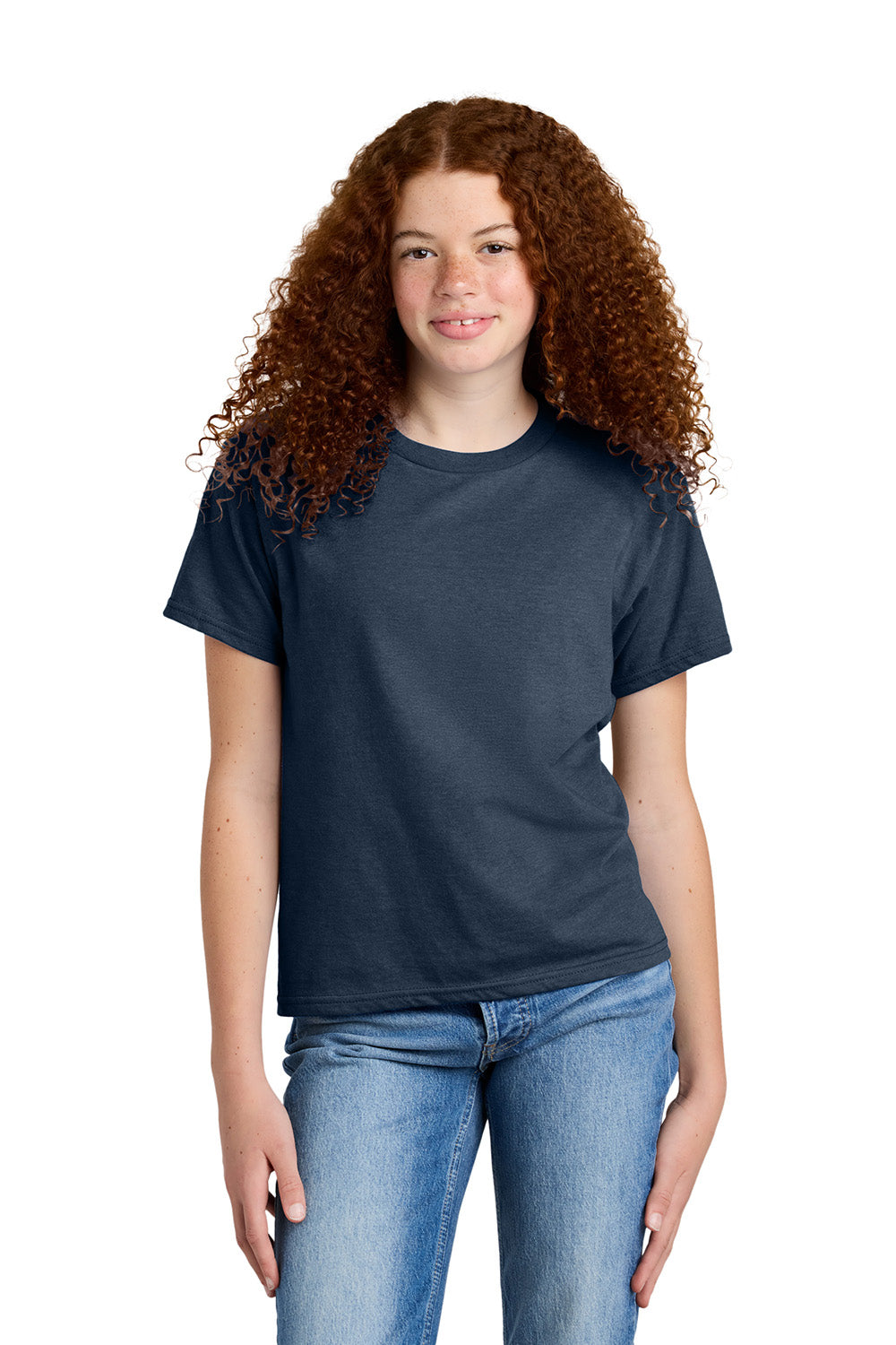 Gildan 67000B Youth Softstyle CVC Short Sleeve Crewneck T-Shirt Navy Blue Mist Model Front