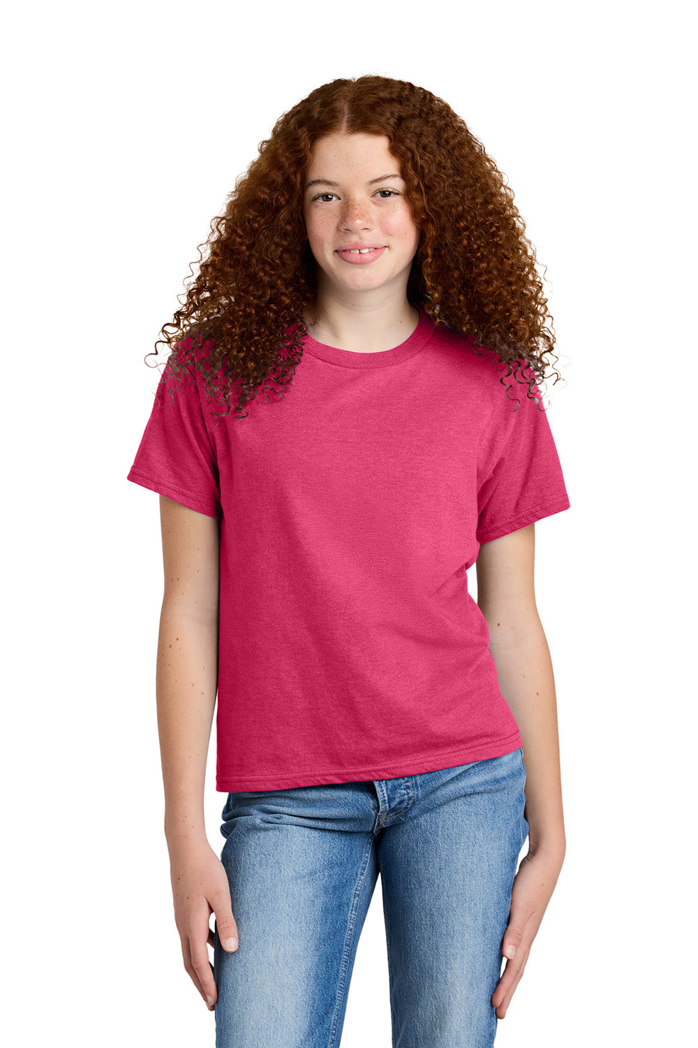 Gildan 67000B Youth Softstyle CVC Short Sleeve Crewneck T-Shirt Pink Lemonade Mist Model Front