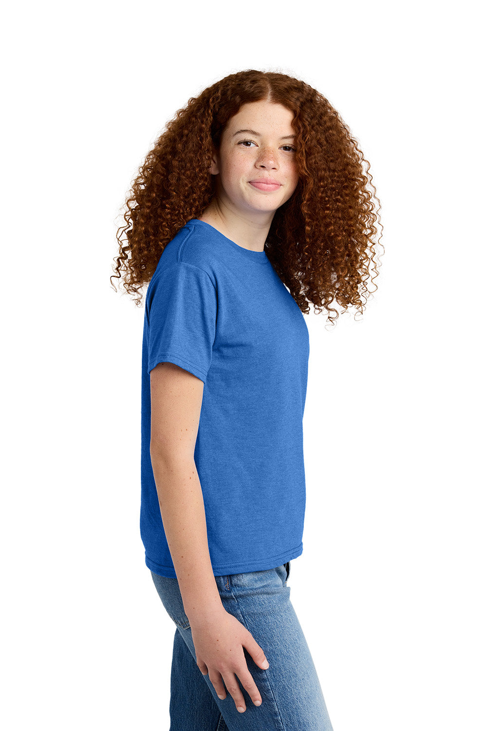 Gildan 67000B Youth Softstyle CVC Short Sleeve Crewneck T-Shirt Royal Blue Mist Model Side