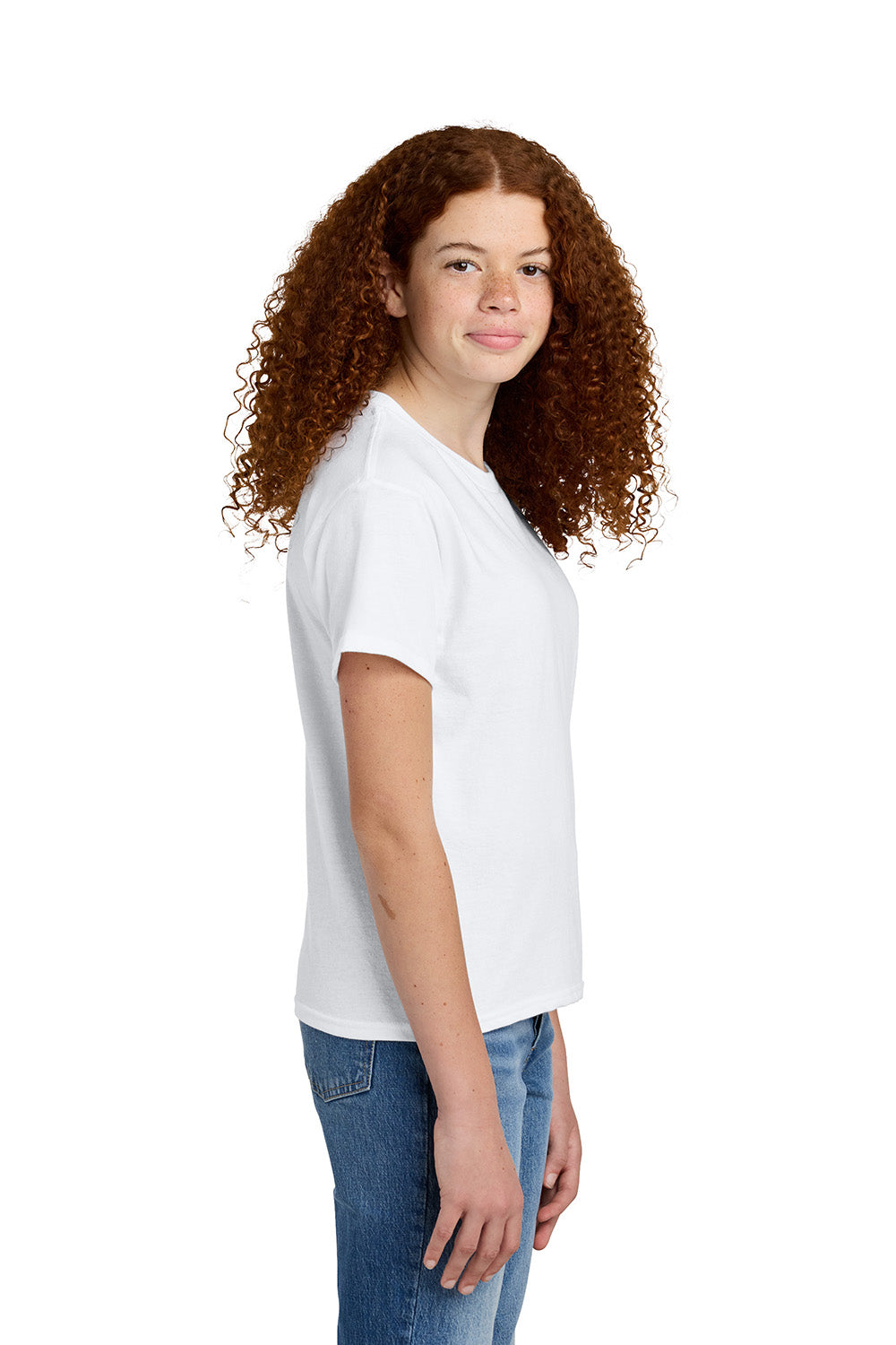 Gildan 67000B Youth Softstyle CVC Short Sleeve Crewneck T-Shirt White Model Side