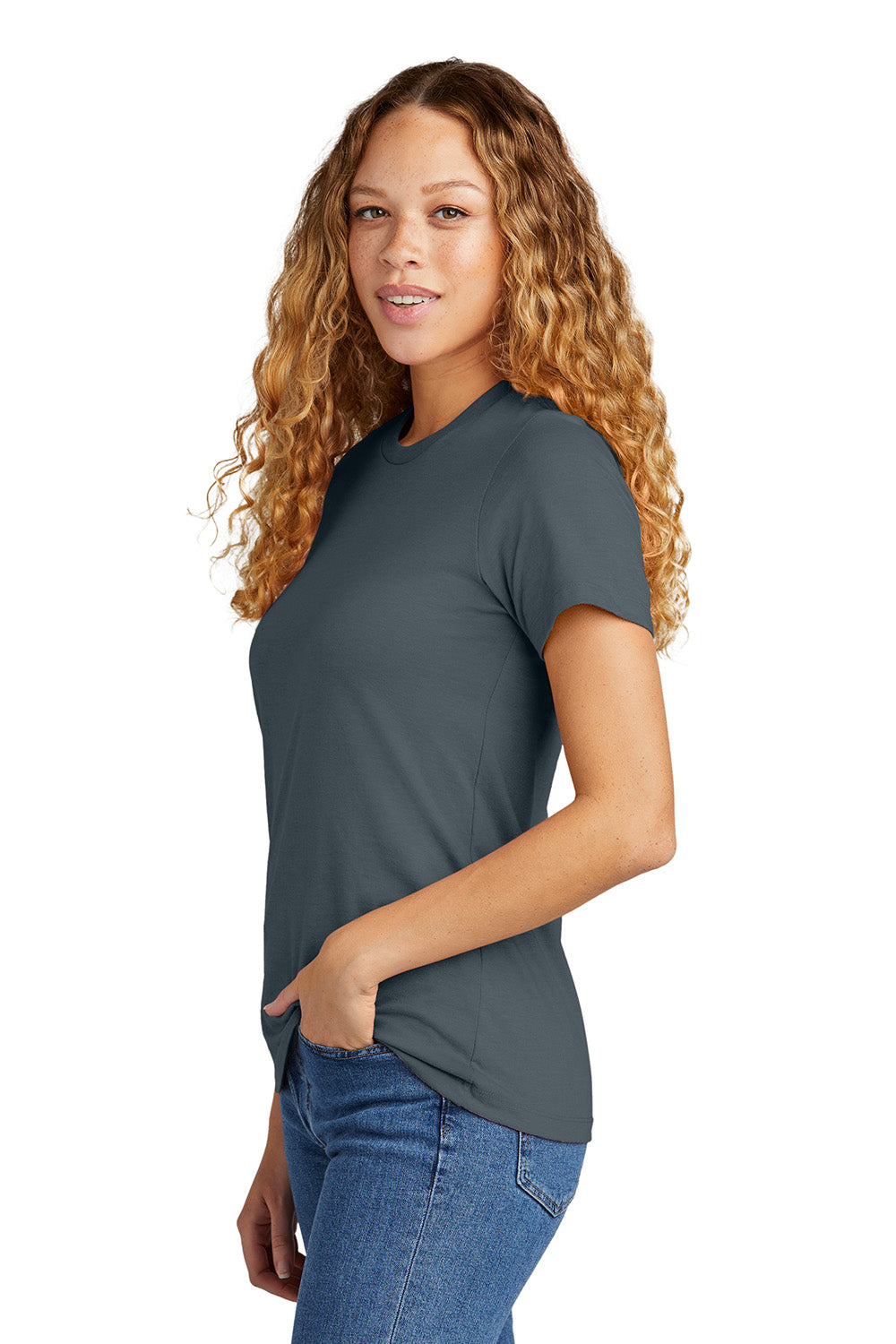 Gildan G670L/67000L Womens Softstyle CVC Short Sleeve Crewneck T-Shirt Steel Blue Model Side