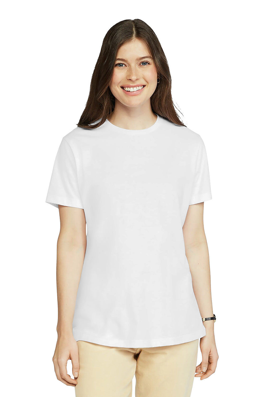 Gildan G670L/67000L Womens Softstyle CVC Short Sleeve Crewneck T-Shirt White Model Front