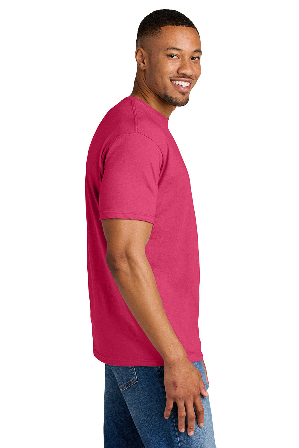 Gildan 67000/G670 Mens Softstyle CVC Short Sleeve Crewneck T-Shirt Pink Lemonade Mist Model Side