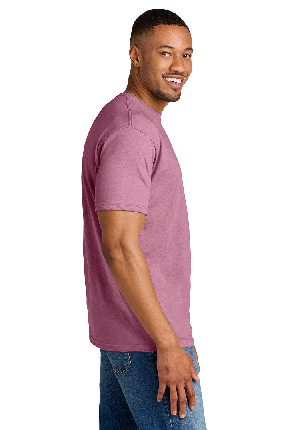 Gildan G670/67000 Mens Softstyle CVC Short Sleeve Crewneck T-Shirt Plumrose Pink Model Side