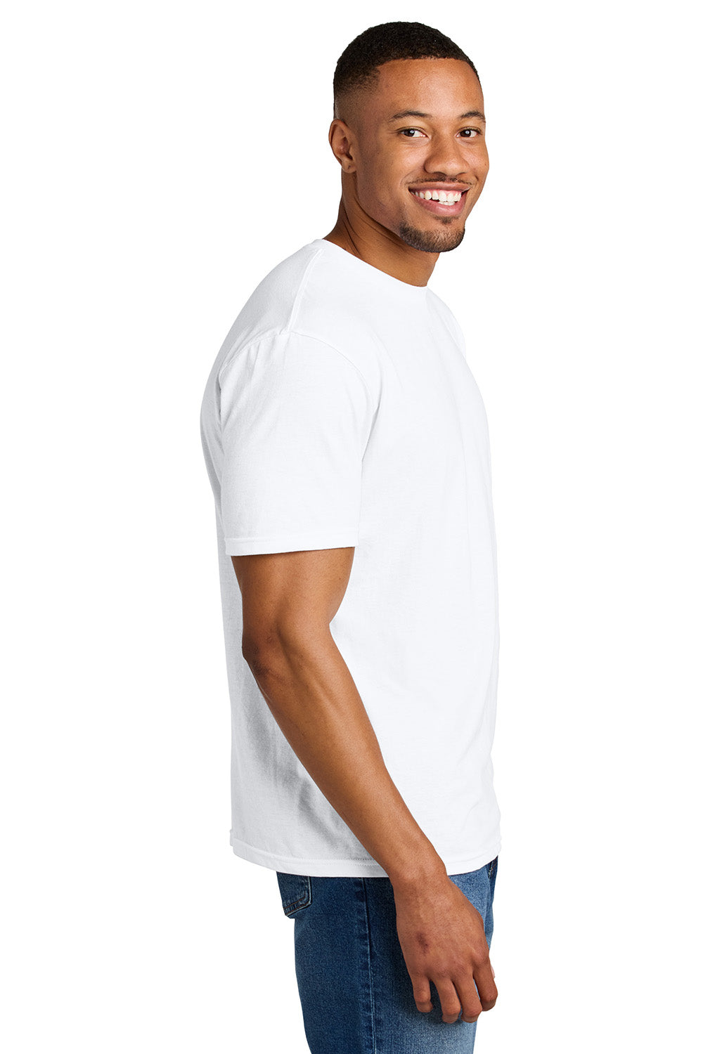 Gildan G670/67000 Mens Softstyle CVC Short Sleeve Crewneck T-Shirt White Model Side