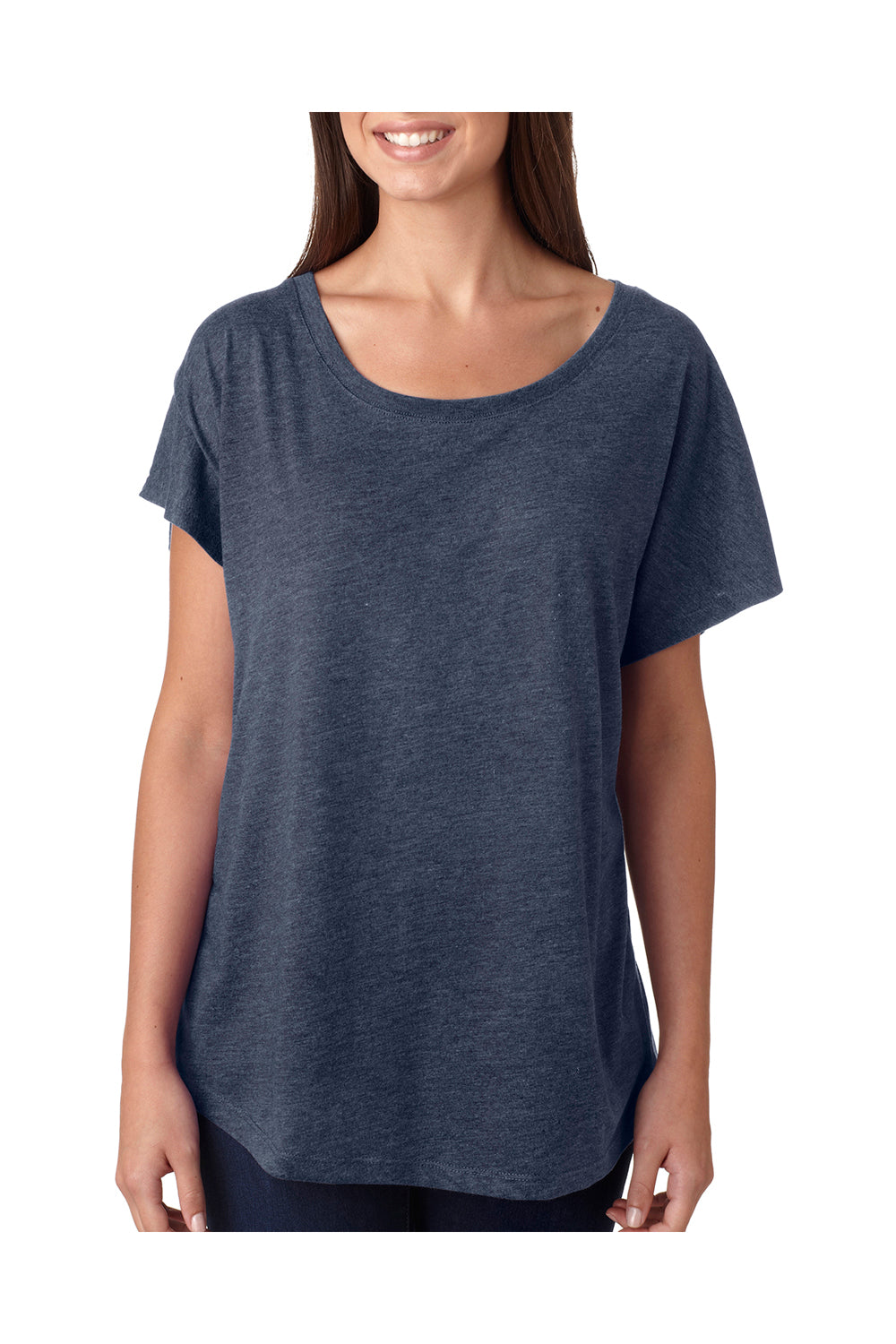 Next Level 6760 Womens Dolman Jersey Short Sleeve Scoop Neck T-Shirt Indigo Blue Model Front