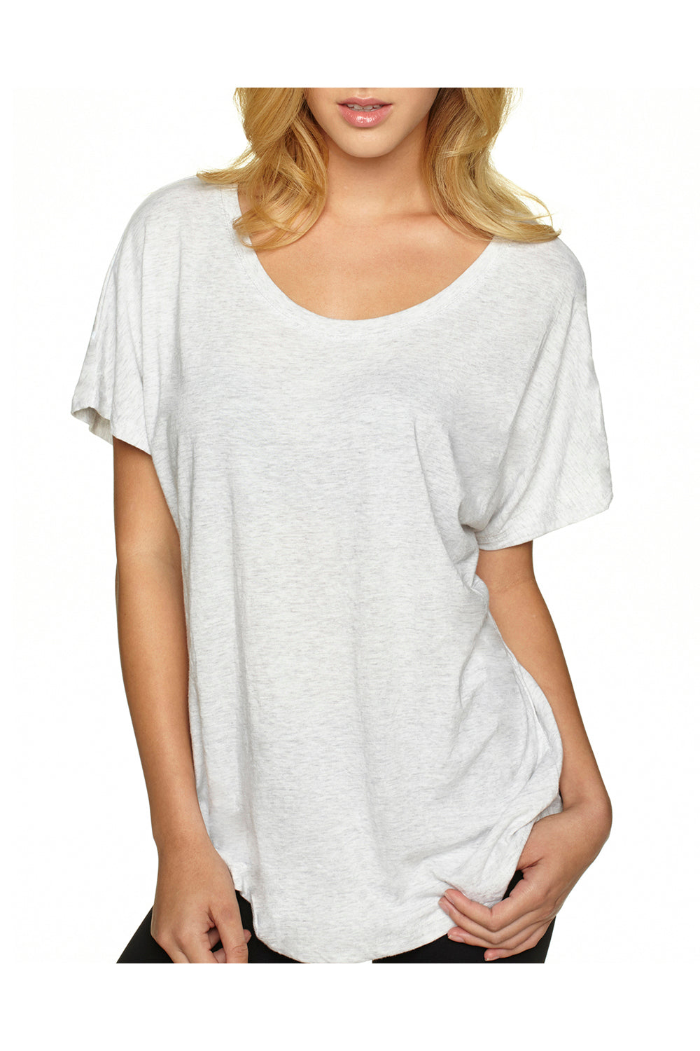 Next Level 6760 Womens Dolman Jersey Short Sleeve Scoop Neck T-Shirt Heather White Model Front